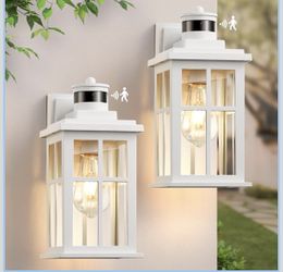 White Motion Sensor Light Outdoor, 2 Pack Dusk to Dawn Outside Lights for House