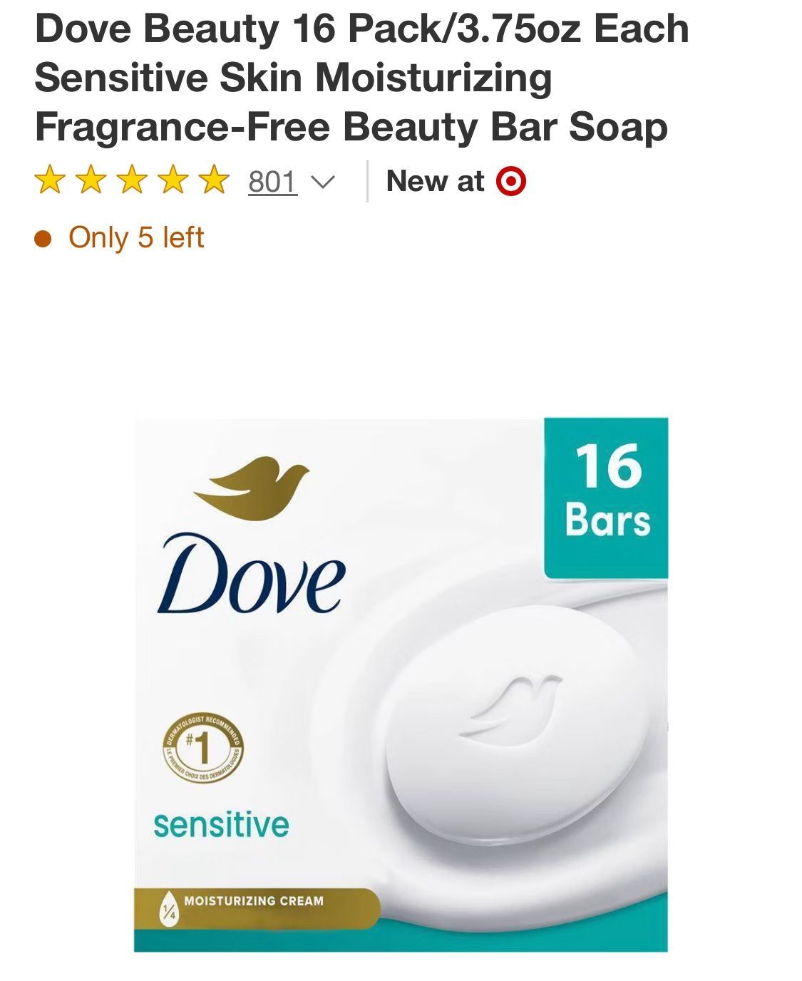 Dove Beauty 16 Pack/3.75oz Each Sensitive Skin Moisturizing Fragrance-Free Beauty Bar Soap