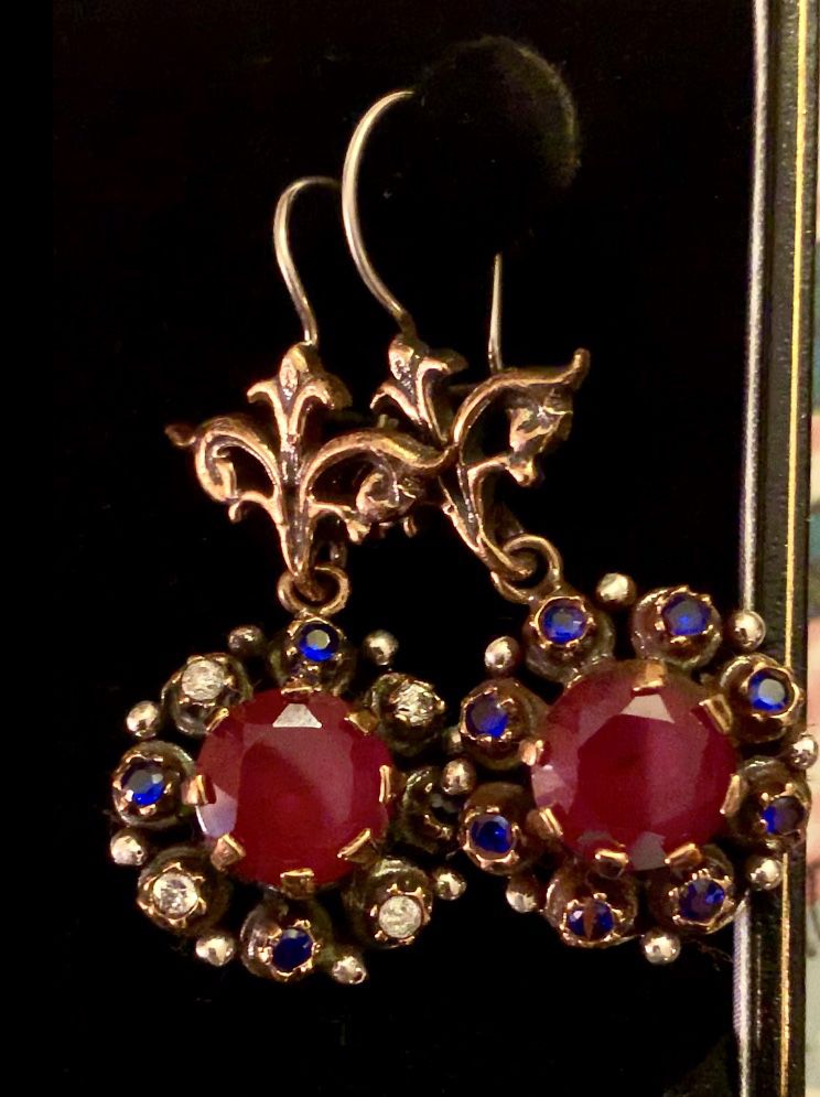 Antique Roxelana Style Ruby & Sapphire Topaz Silver Drop Dangle Flower Earrings