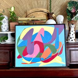 Vintage Bright Colorful Abstract Original Painting 1968 Signed Wood Framed Wall Hanging Art 25x21”