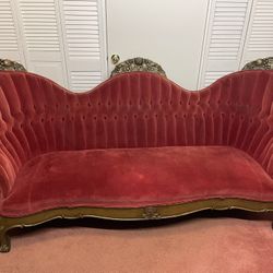 Amazing Vintage Victorian Rococo Tufted Velour Sofa - Burgundy