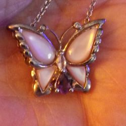 Peach MoonstoneDiamond And Amethyst Butterfly Necklace