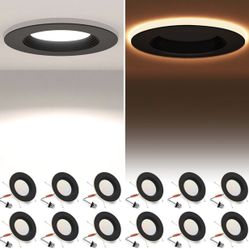 LED Can Lights 5/6 Inch Black Retrofit Recessed Lighting 12W=75W Selectable 2700K-6000K 12 Pack, Dimmable, 5CCT, 1200LM, with Night Light, Downlight, 