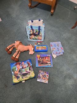 TOY STORY PUZZLES, PILLOW, DAYBED FLAT SHEET, PENCIL CASE, PLUSH BULLSEYE, SPOON, WOODY SEE DESCRIPTION