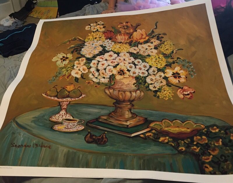 Suzanne Etienne print, Sage and Blue with White Roses