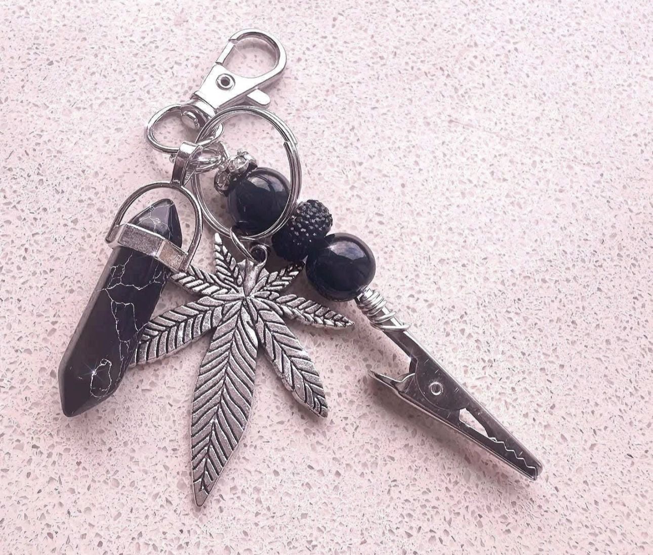 Handmade Roach Clip Mini atm card clip Natural black Howlite Charm and Leaf Charm , Bracelet Helper , long nail helper , credit card grabber