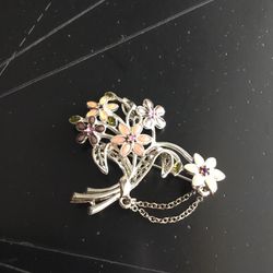Silver Tone & Enamel Flower Boquet Brooch Pin With Dangling Chains