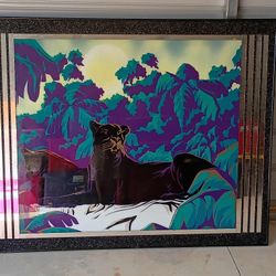 Vintage 80s GIANT panther mirror framed Painting ( Free Delivery If Needed)