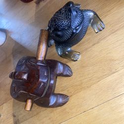 Lalique Crystal Frog Figurine + Hand-Carved Wooden Frog Guiro