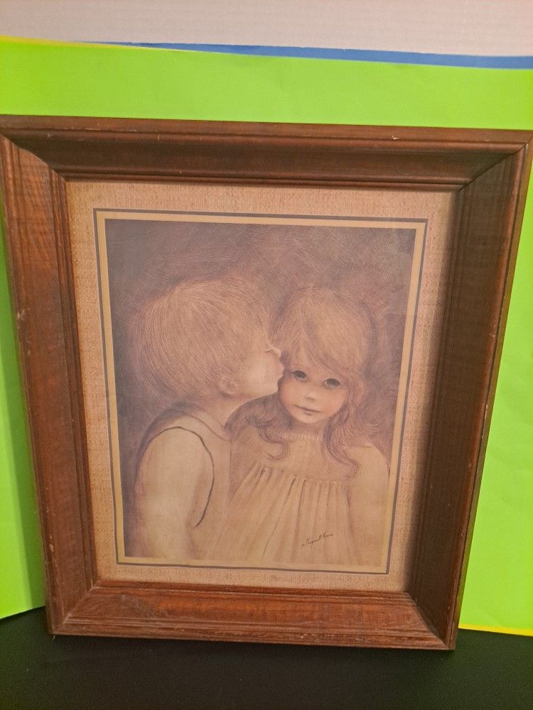 Vintage Margaret Kane 1970 Print A Little Kiss Framed, Wood Glass $55.00 Antiques