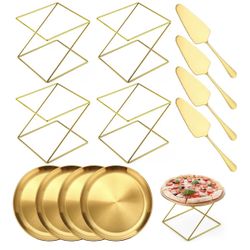(9999-154) Yiyiring 12 Pcs Pizza Stand Set: 4 Metal Stands, 4 Pizza Pans, 4 Spatulas for Weddings, Party(Gold,Square)