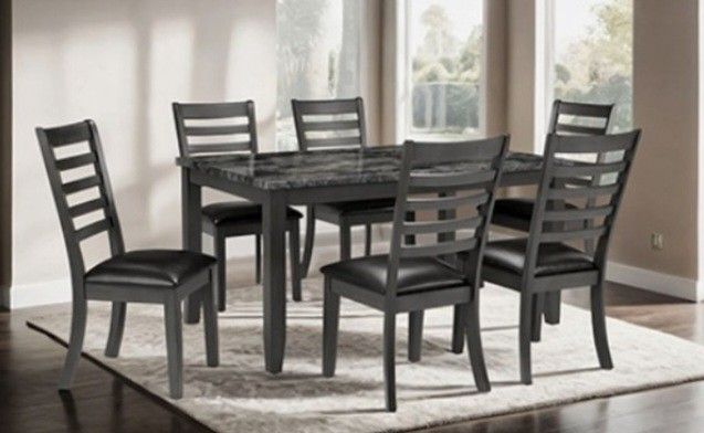 Brand New Dark Grey 7pc Dining Table Set w Marble Top