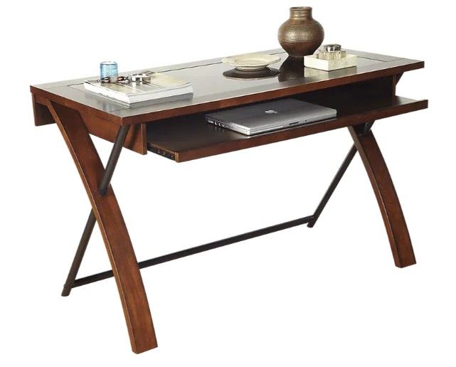 Zeta Computer Desk by Whalen Furniture / Golden Oak With Glass Inlay Modern Sleek Quality Look