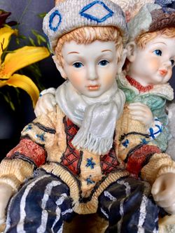 Rare Large Collectible Vintage Austrian Porcelain By Amoy Figurine Statue Grandkids & Dog Sliding
