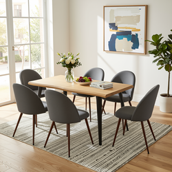 Homy Casa Lancelot 7PC Dining Set 63" Table with 6 Haven Grey Fabric Chairs Walnut Legs