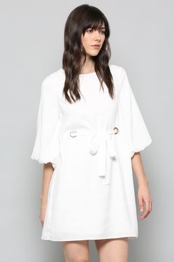 70’s inspired puffy sleeve front tie dress, (White)
