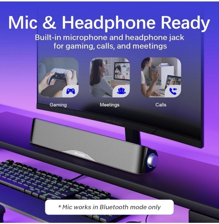 Nylavee Computer Speakers, Hi-Fi Stereo Computer Sound Bar with Bluetooth & 3.5mm Aux, USB/USB-C Powered for Desktop PC, Laptop & Monitor, Built-in Mi