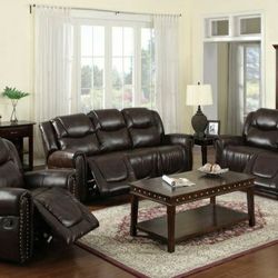 Brand New Brown Leather Reclining Sofa Loveseat & Chair With A Nail Head Trim 