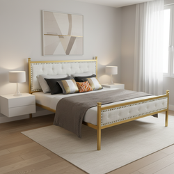 Homy Casa Veleda Mid-Century Upholstered Queen Bed Frame with Gold Accents, Beige, Open Box