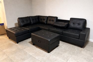 Brand new black leather sectional sofa couch with storage ottoman