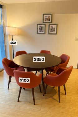 Wood Dining Set - 52’ Round Table + 6 Chairs + 2 Lamps