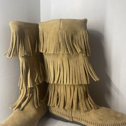 Minnetonka Womens 3 Layer Fringe Calf Hi Brown SUEDE Moccasin 