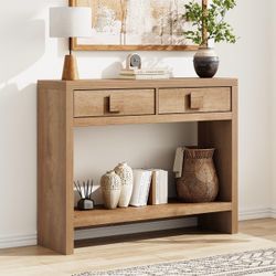 40 Inch Narrow Console Table with Drawers and Open Shelves