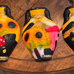 Set of 3 Vintage Wall Vases - Hand Painted Clay Planters - Boho Folk Art