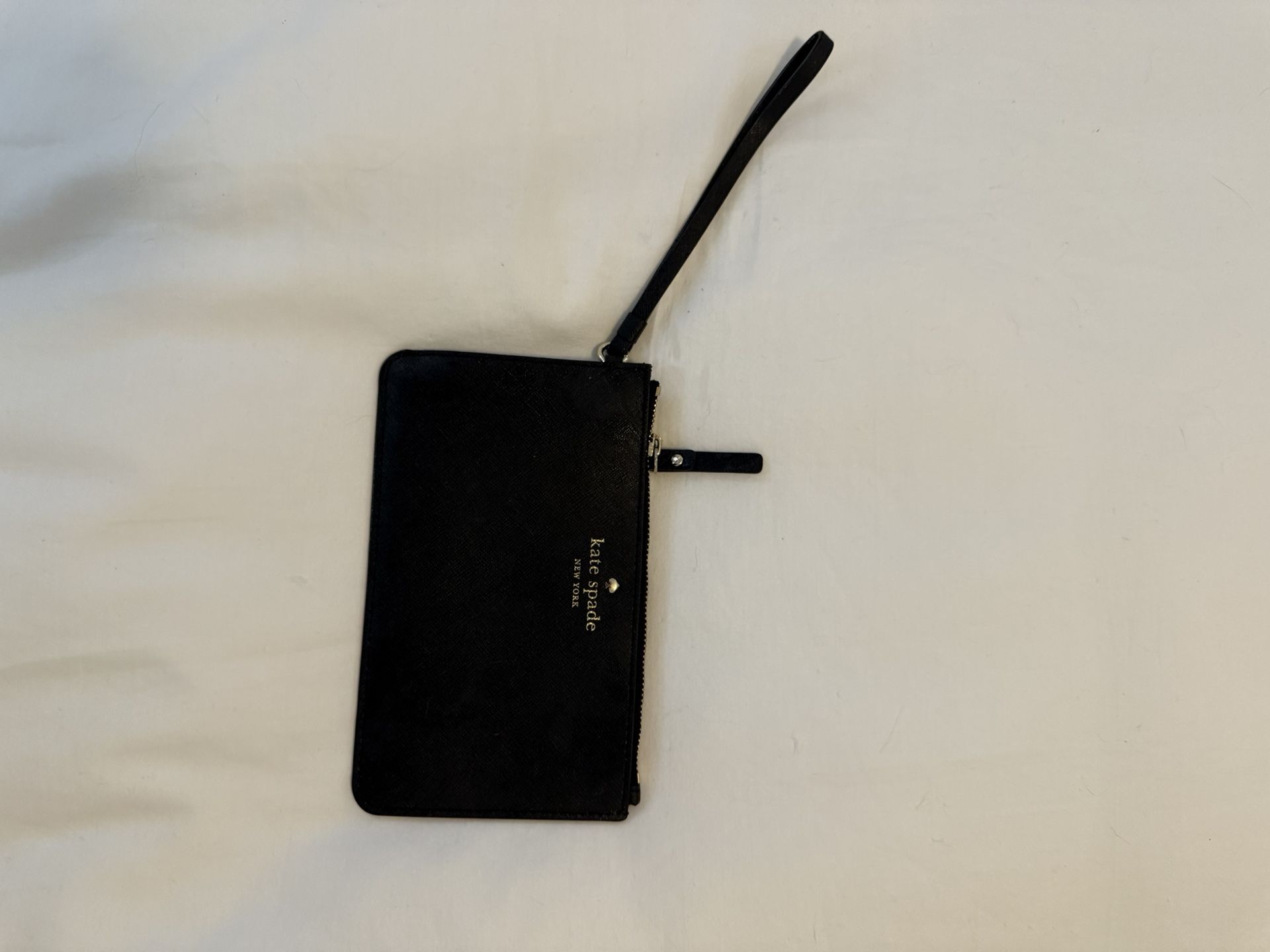 Kate Spade Black Leatherette Wristlet – Gold Zipper, Polka Dot Lining