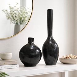 Black Decorative Vase Set of 2 Modern Art Deco Home Decor 