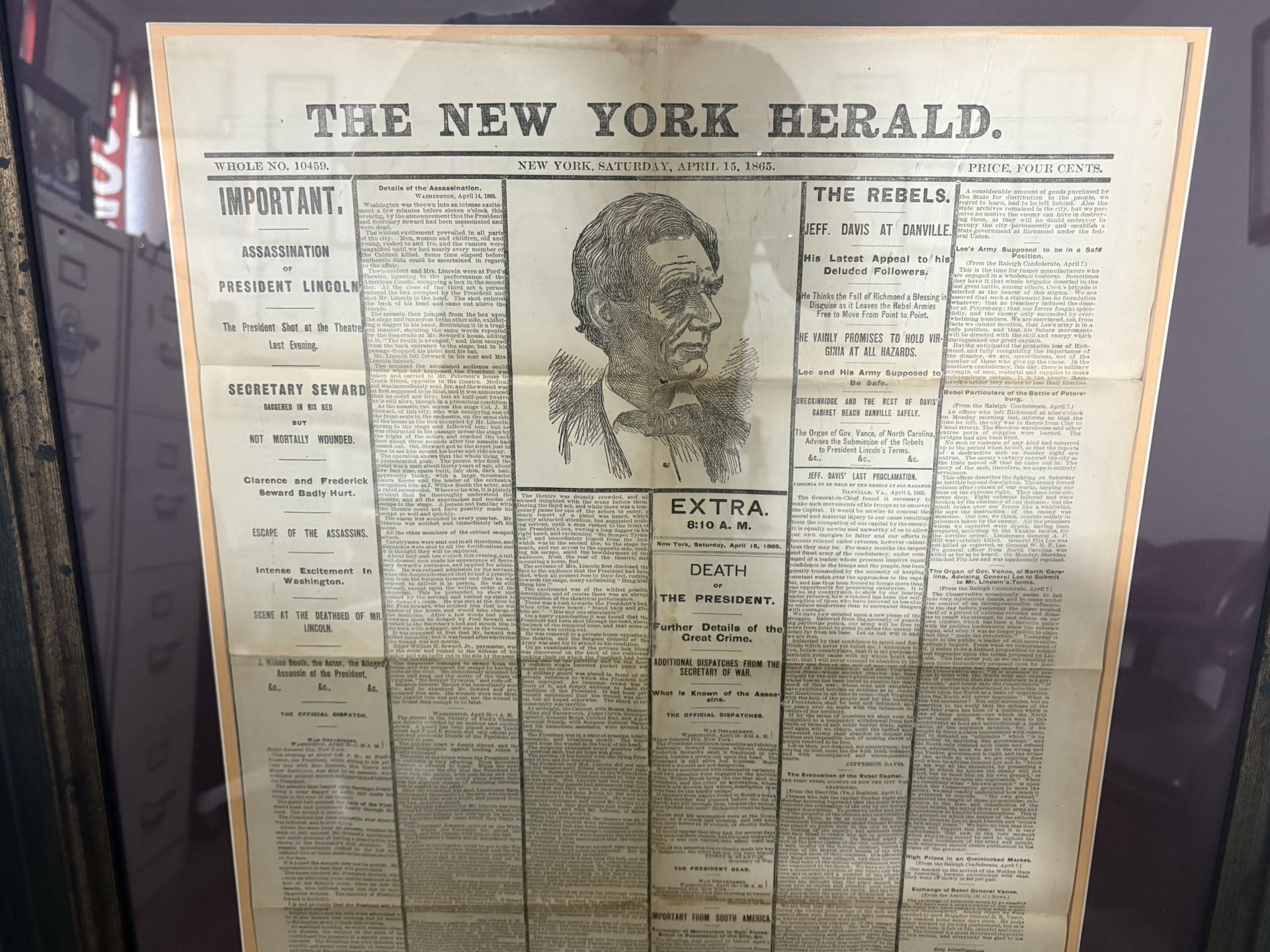 LINCOLN ASSASSINATION THE NEW YORK HERALD-NEWSPAPER APRIL 15, 1865 