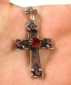 925 Sterling Silver, Turkish Ruby Holy Cross, Pendant