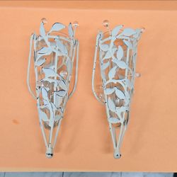 White Metal Leaf Wall Sconce Candle Holders – Set of 2