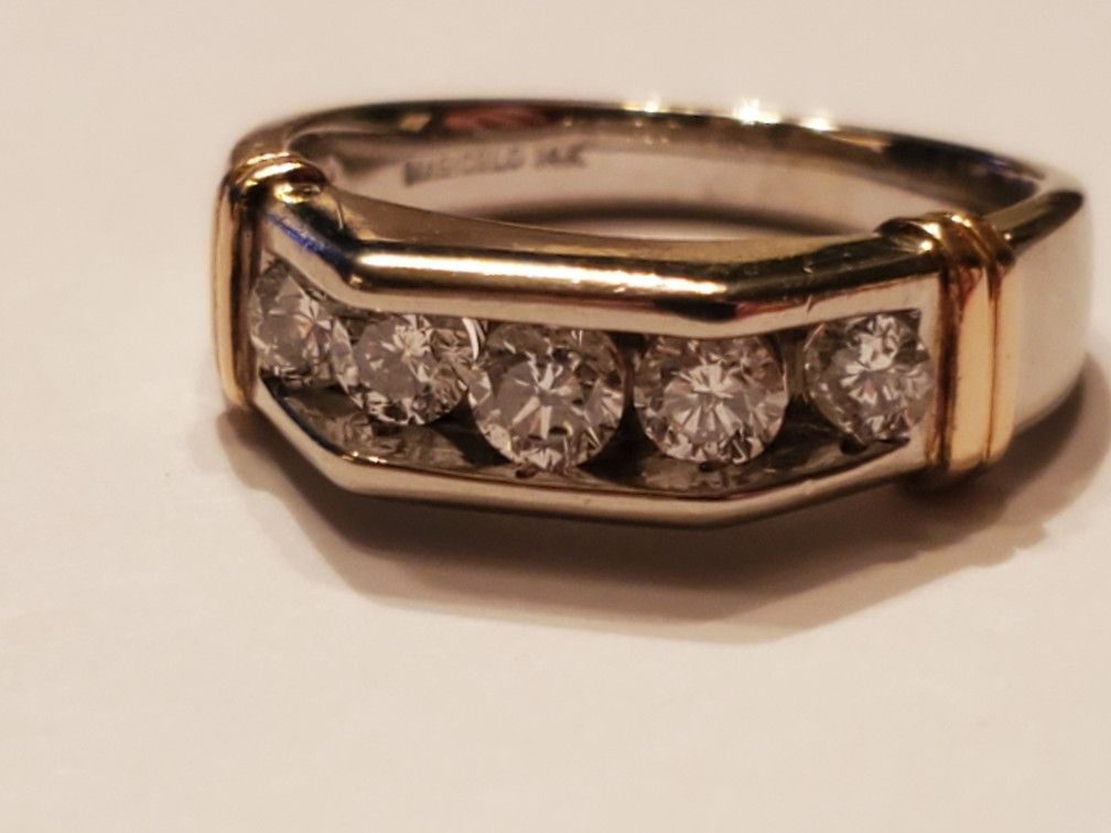 Beautiful 5 DIAMOND 14K Solid White & Yellow Gold Mens Band Ring