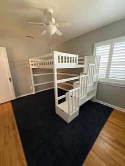 White Wood Loft Bed with Stairs