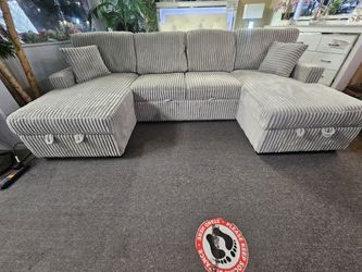 Brand New Light Biege Corduroy Sectional + Pullout Sofa And Storage Chaises