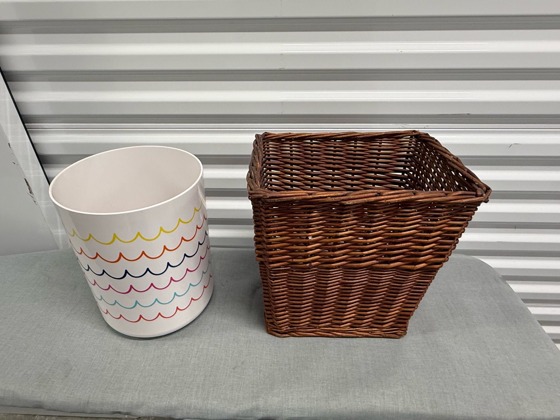 Wicker basket and Bathroom trash receptacle