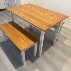 Zinus Becky 45 Inch Wood Dining Table with Two Benches/Farmhouse Solid Wood 