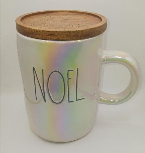 Rae Dunn “Noel” Iridescent Coffee Mug with Wood Lid/Coaster