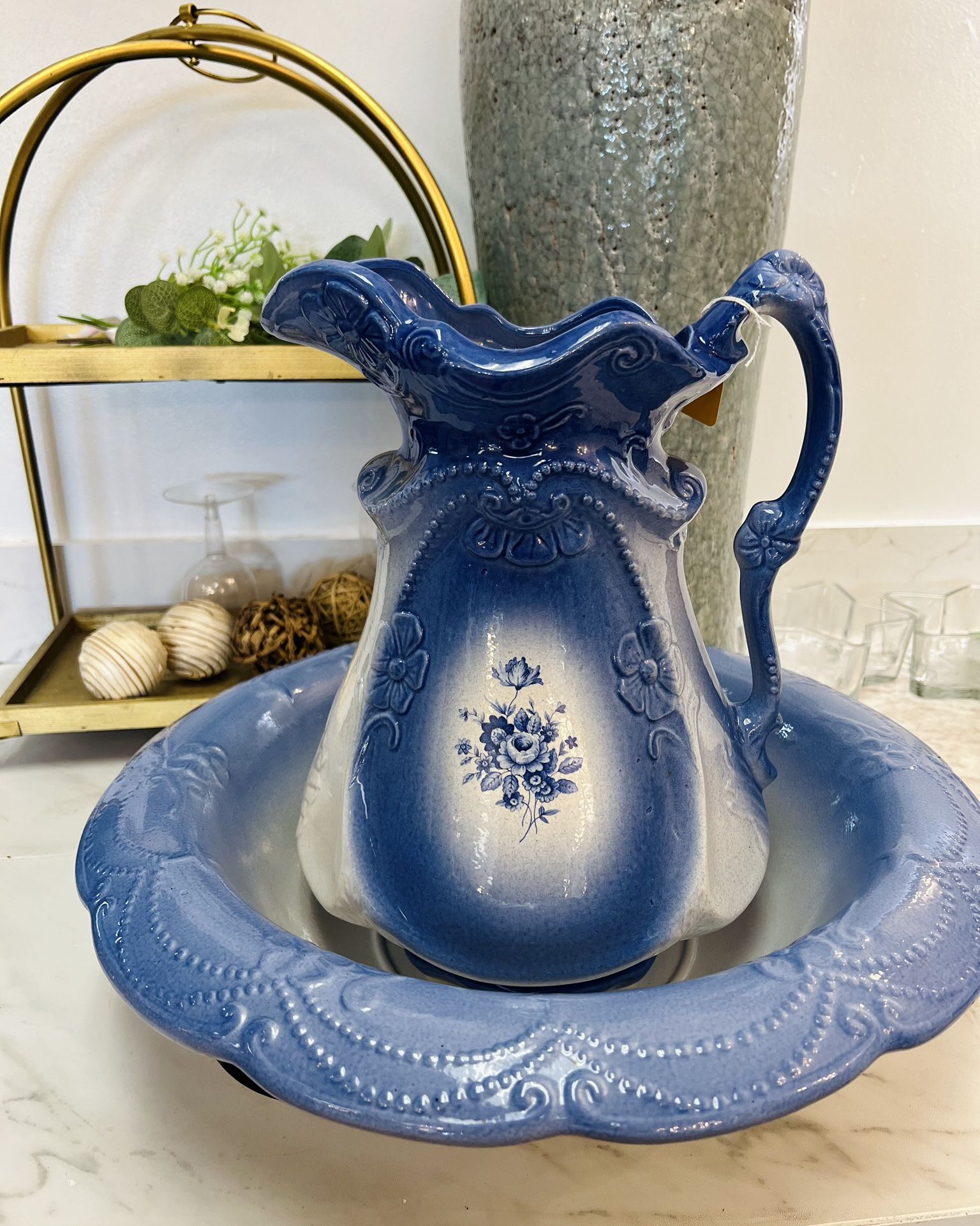 NEW Vintage-Style Ironstone Pitcher & Wash Basin – Cobalt Blue Floral 🌸💙