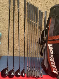 Complete man’s golf club for right hand (Wilson driver ,wood,full iron set putter and golf bag)good condition