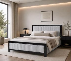 Queen Upholstered Bed with Fluffy  Headboard,Grey+Black Frame L-5 BRAND NEW