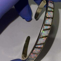 Sterling Silver Australian White Opal Inlaid Tennis  Bracelet Cuff Jewelry 