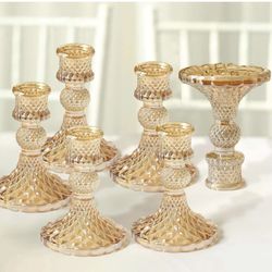 6-Pack Glass Taper Candlestick Holders 4" Diamond Pattern Design Amber Gold - Reversible Crystal Pillar Votive Stands