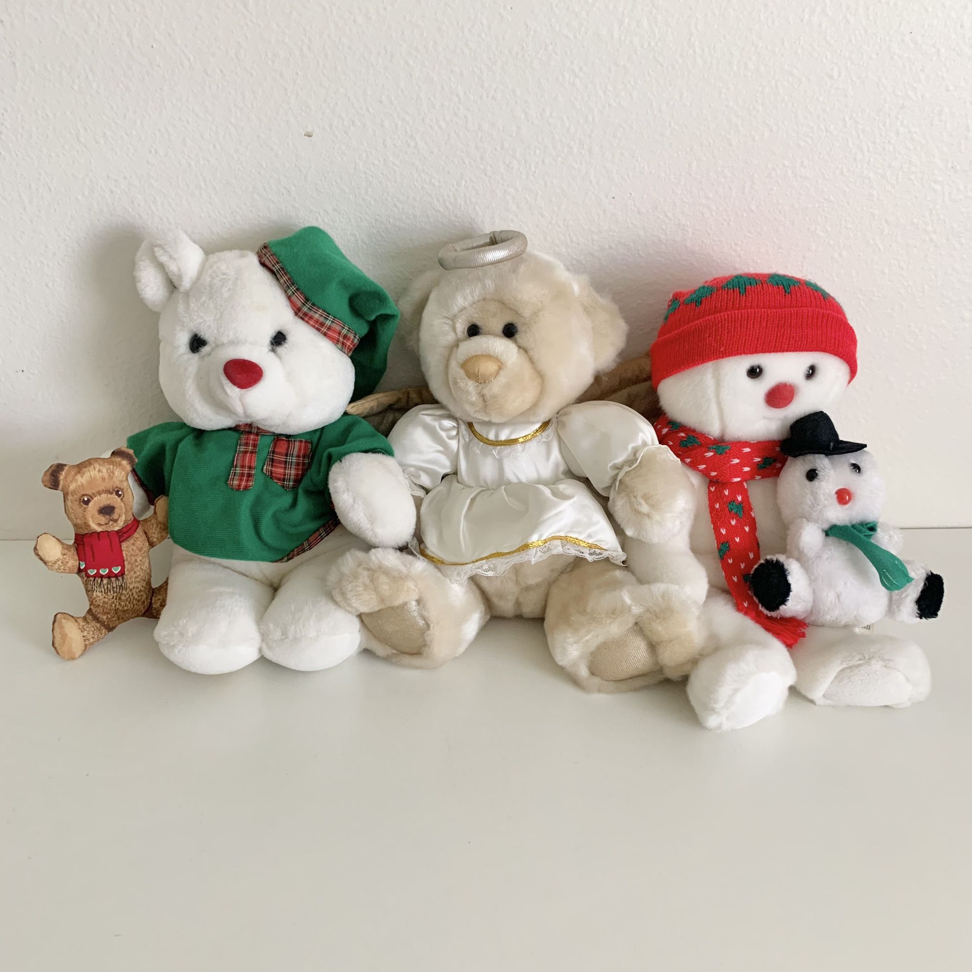Vtg 90s Christmas Plush Stuffed Animal lot x 5 Teddy Bear Snowman