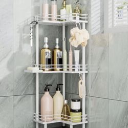 Corner Shower Caddy Standing - 3-Tier Stainless Steel Shower Organizer with Soap Holder and 4 Hooks