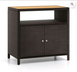 Rattan Storage Cabinet with Acacia Wood Countertop for Poolside Deck and Patio-Brown