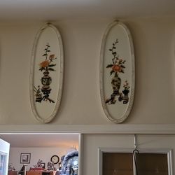 Set of 4 vintage Asian floral wall panels – matching oval frames