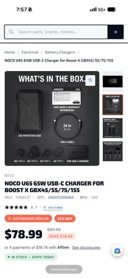 NOCO U65 65W USB-C CHARGER FOR BOOST X GBX45/55/75/155
