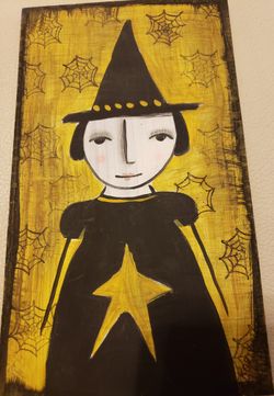 Witch girl painting on masonite - perfect for Halloween